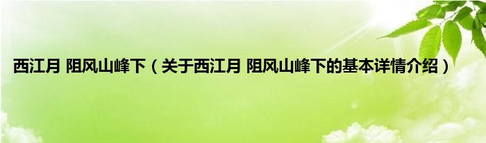 西江月 阻风山峰下（关于西江月 阻风山峰下的基本详情介绍）